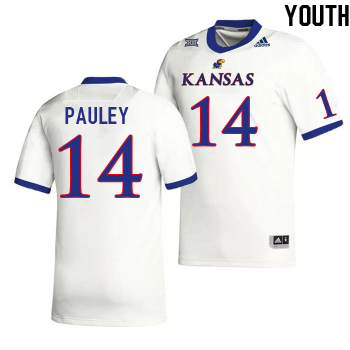 Youth #14 Mikey Pauley Kansas Jayhawks College Football Jerseys Stitched Sale-White - Click Image to Close